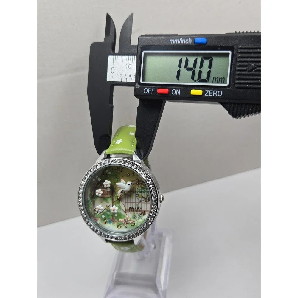 Mini Watch Womens 3D Garden Bird Flower Crystal Bezel Leather Quartz New Battery